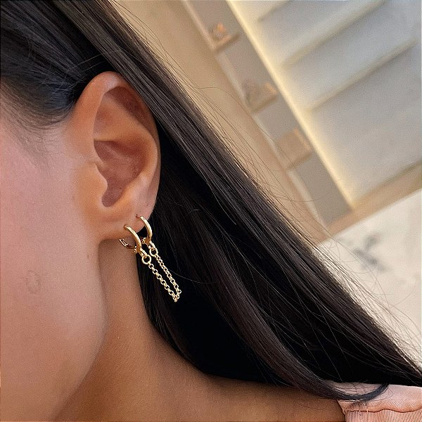 Brinco Earchain Elo Português Dois Furos Folheado a Ouro 18K