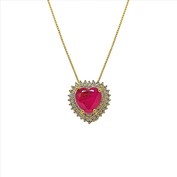 Colar Coração Rosa com Borda Cravejada