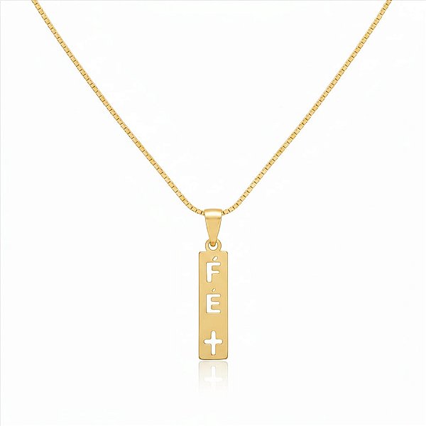 Colar Placa Retangular Fé e Cruz Vazada