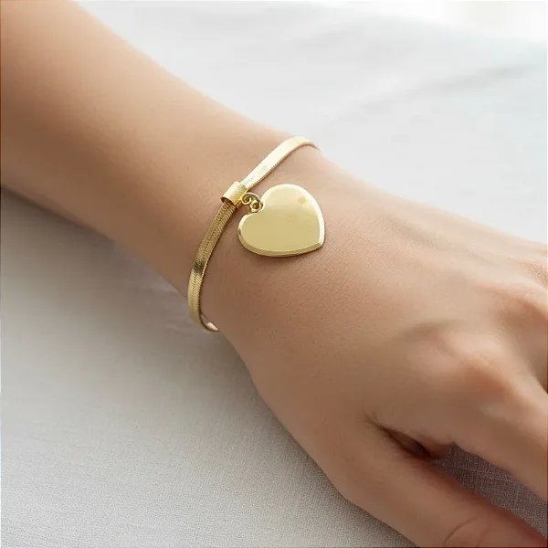 Pulseira Heringbone Pingente Coração Liso