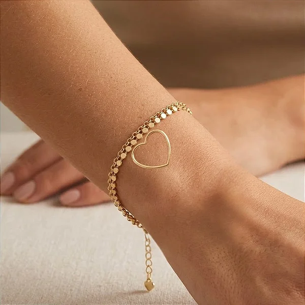 Pulseira Dupla Elo Português e Bolinhas Achatadas Pingente Coração Vazado