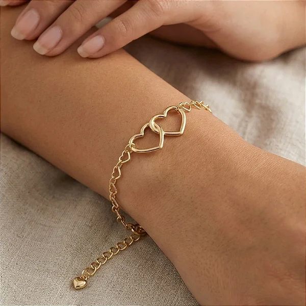 Pulseira Elo Corações Vazados 2 Corações Entrelaçados Soldados