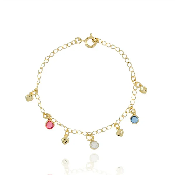 Pulseira Infantil Zircônias Coloridas e Coraçõs Chapa Pendurados