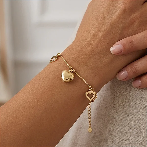 Pulseira Rabo de Rato Pingetes Corações Vazados e Coração Abaulado