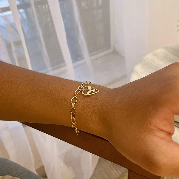 Pulseira Elo Losango Trabalhado Pingente Coração Espírito Santo