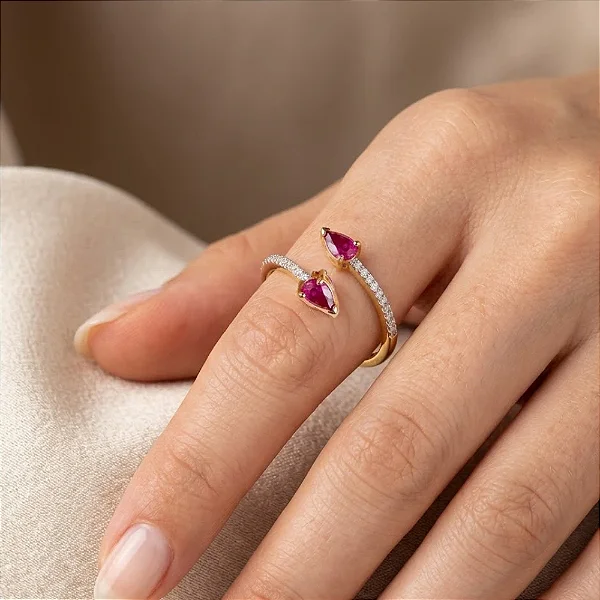 Anel Aberto Zircônias Gotas Duplas Aro Cravejado