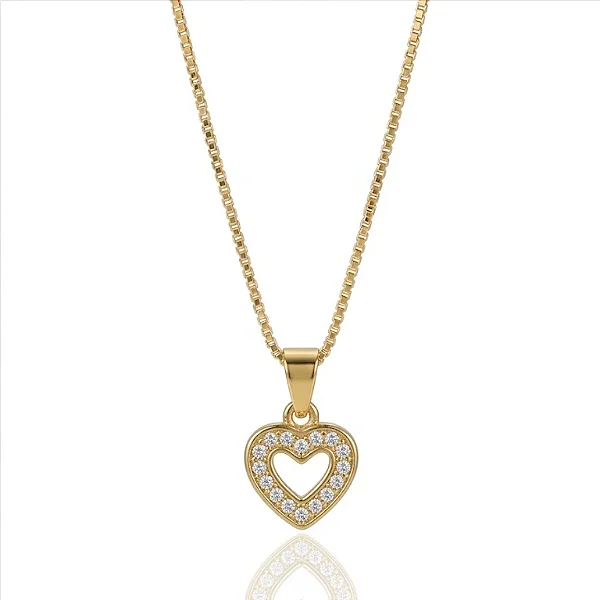 Colar de Coração Vazado e Cravejado com Borda Dourada