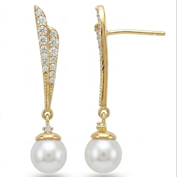 Brinco Pendente Fio Duplo Cravejado e Pérola na Ponta