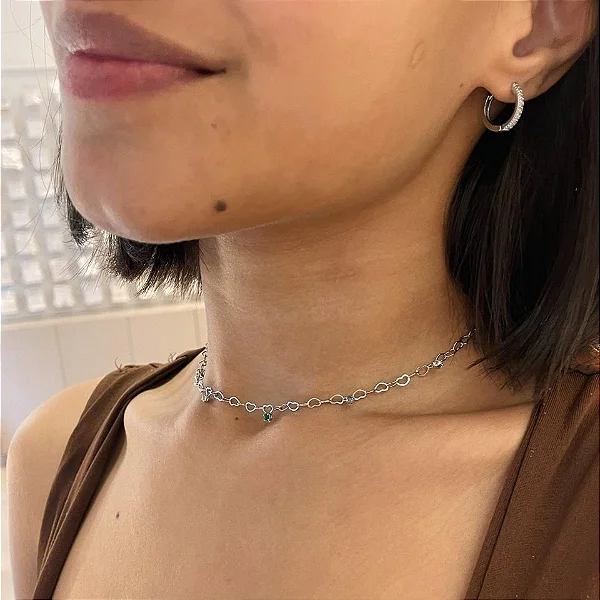 Colar Choker Corrente Coração Vazado Pingentes de Ponto de Luz Coloridos Soldados