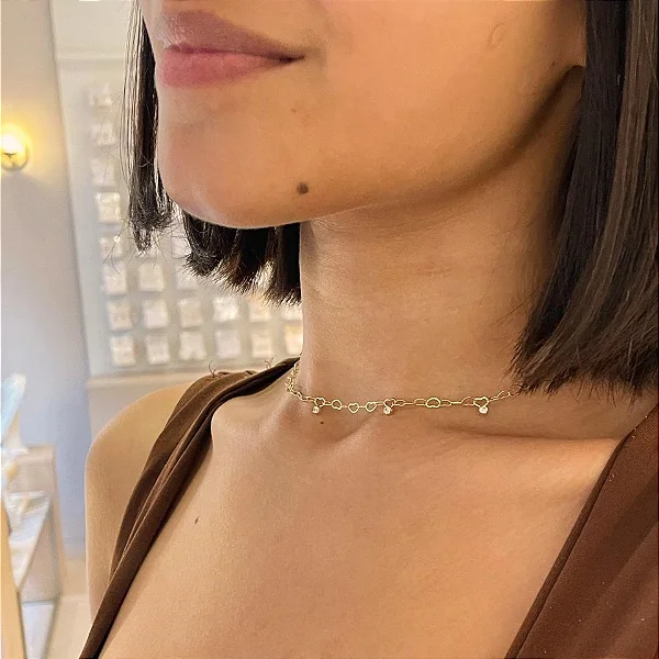 Colar Choker Corrente Coração Vazado Pingentes de Ponto de Luz Cristal Soldados