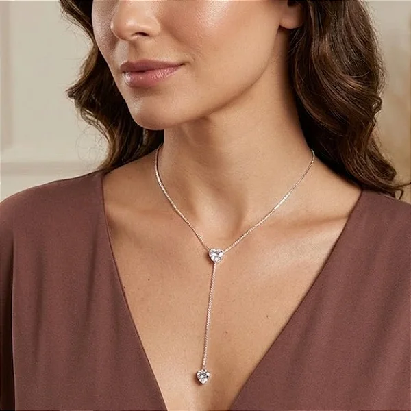 Colar Gravatinha Venezina Dois Corações Cristal