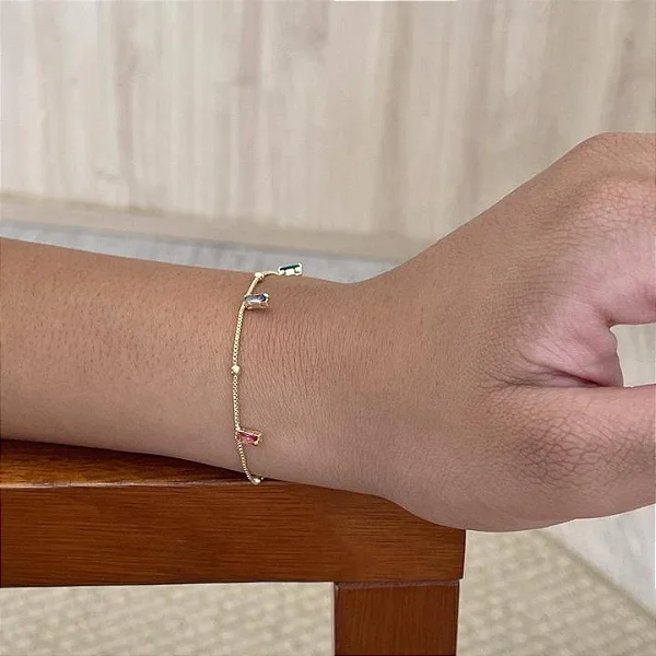 Pulseira Bolinha e Zircônias Retangulares Coloridas