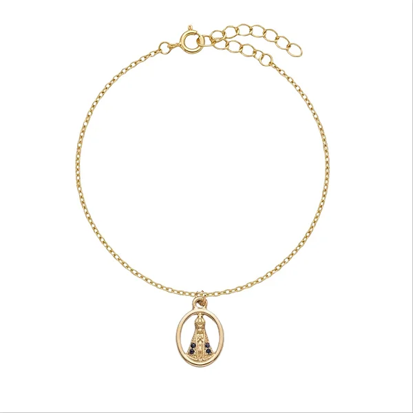Pulseira Correntinha Pingente Nossa Senhora Oval Zirconia Azul