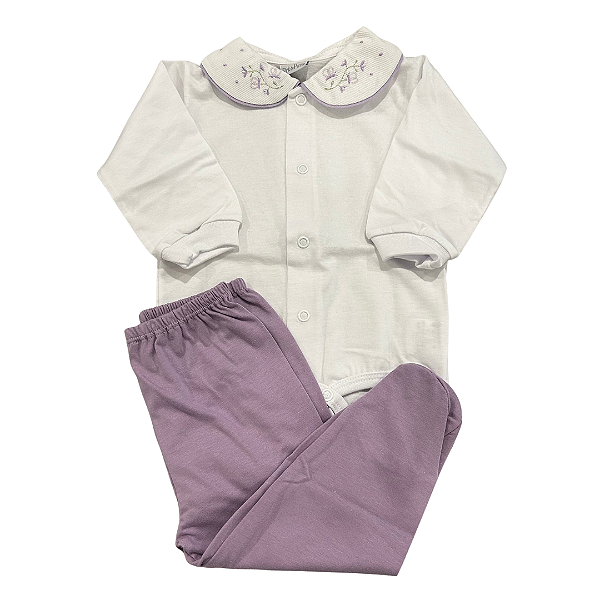 Conjunto Body Gola Bordada e Mijão Lilás