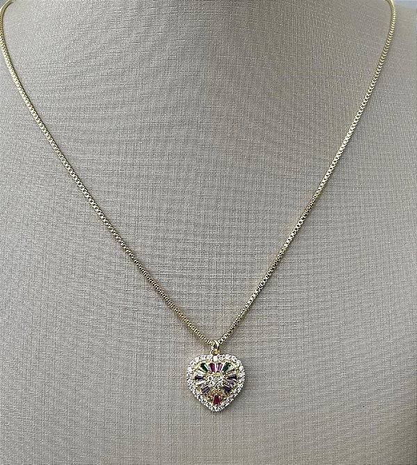 Colar Heart com zircônias coloridas e banho de ouro 18k
