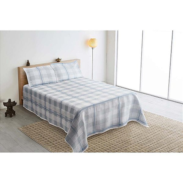Kit Colcha Solteiro Mont Blanc Tartan 68 Azul-Preto