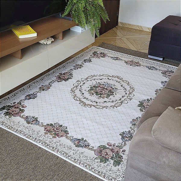 Tapete Sala Antiderrapante Floral Jasmin 01 Bege 2,00X2,50M