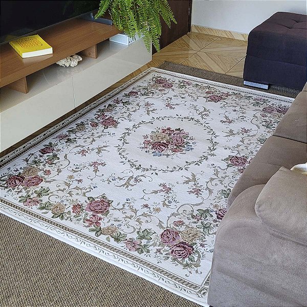 Tapete Sala Antiderrapante Floral Jasmin 02 Bege 1,00X1,50M