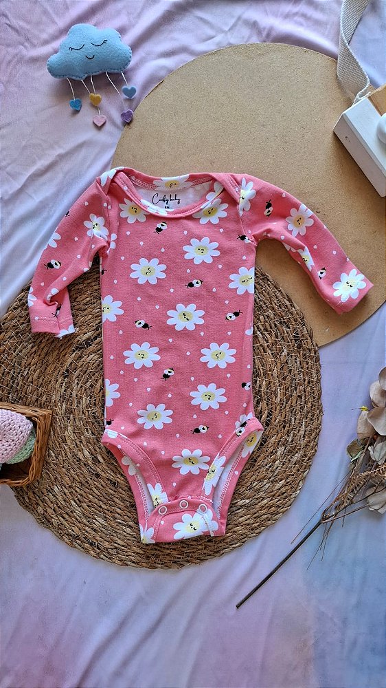 Body Manga Longa Feminino Margaridas