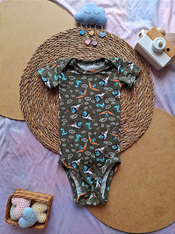 Body Manga Curta Masculino Dinossauro Aviador