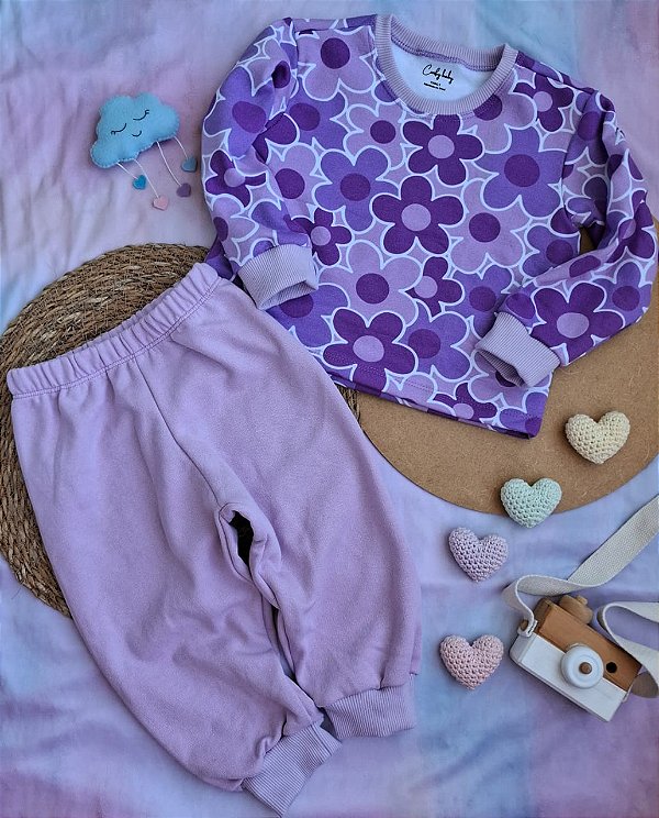 Conjunto Moletom Floral Lilás