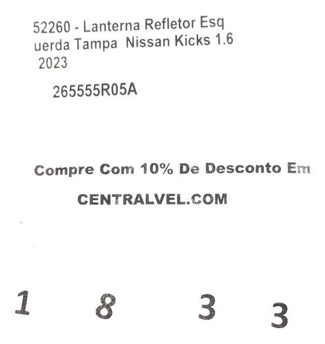 Lanterna Esq. Tampa Tras. Nissan Kicks 1.6 2023 265555r05a