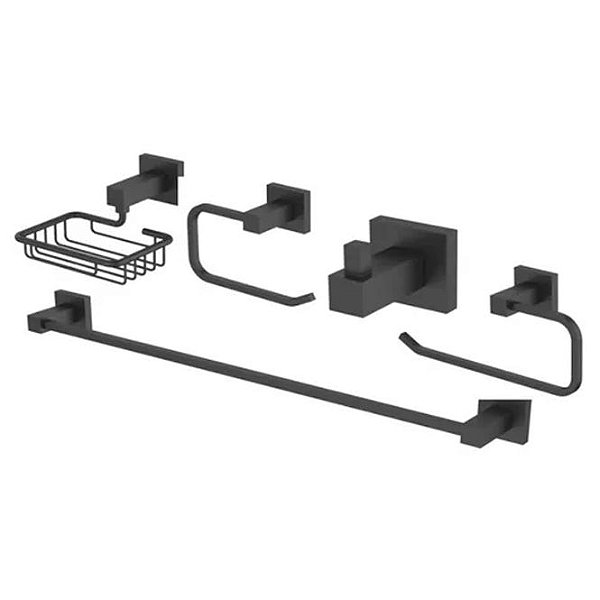 Kit Acessórios Para Banheiro Em Metal Quadrado 5 Peças Preto – Jiwi – WJ-1500-QD-BL