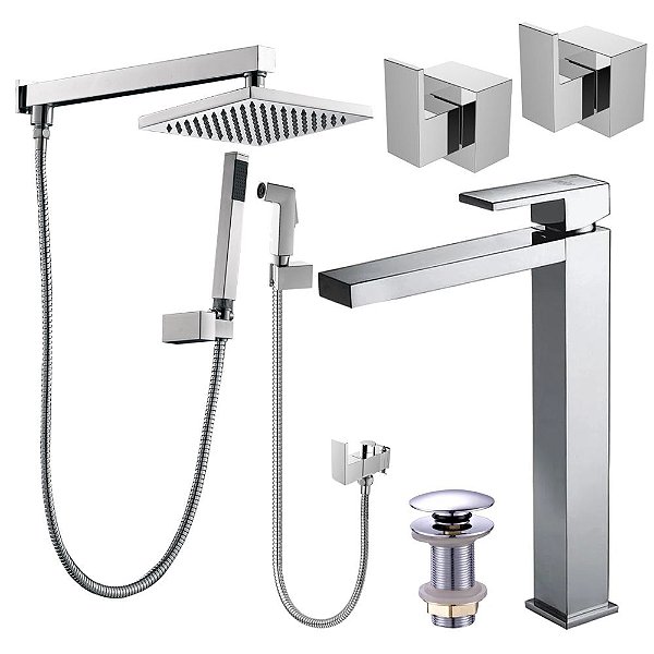 Kit 6 Peças Com Bica Alta WJ-2885-MD-CR e Chuveiro Com Desviador Cromado - Jiwi