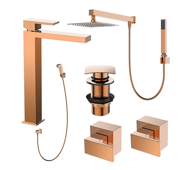 Kit 6 Peças Com Bica Alta WJ-2885-MD-RG e Chuveiro com Desviador Rose Gold - Jiwi