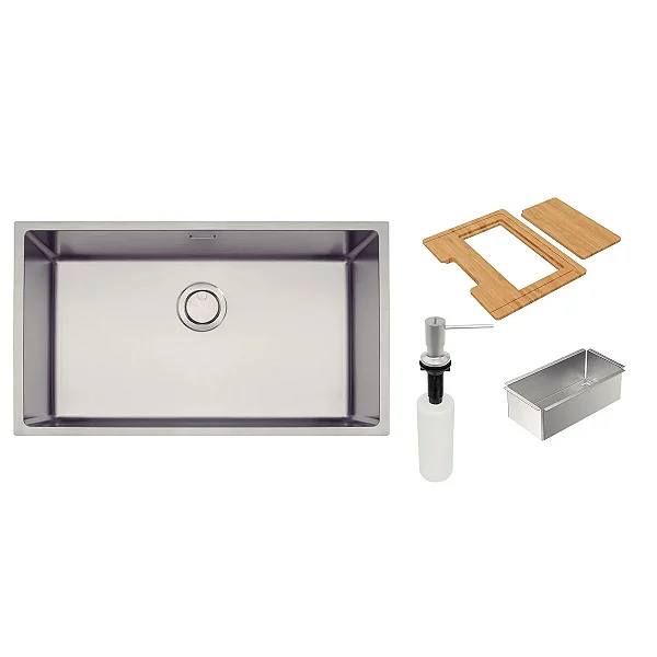 Cuba Tramontina Design Collection Quadrum 70 em Aço Inox com Acabamento Scotch Brite com Dosador de Sabão, Tábua e Cesto