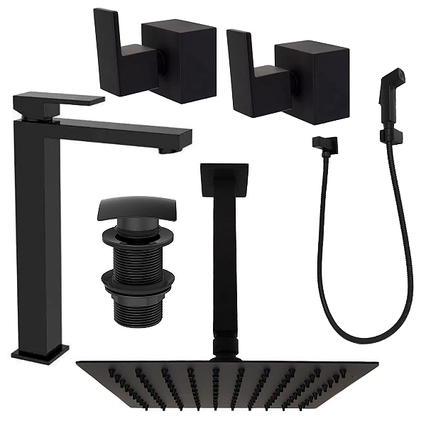 Kit 6 Peças Com Bica Alta WJ-2885-MD-BL e Chuveiro de Teto Black - Jiwi