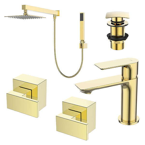 Kit 5 Peças Com Bica Baixa WJ-2875-MK-GD e Chuveiro Com Desviador Gold - Jiwi