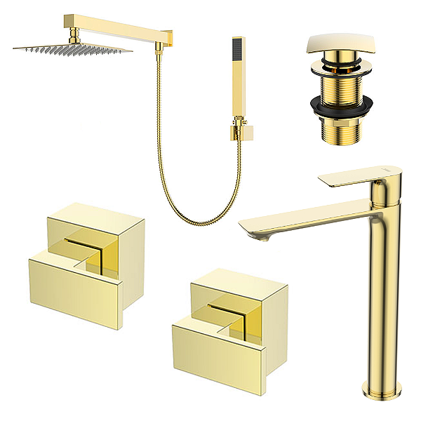 Kit 5 Peças Com Bica Alta WJ-2885-MK-GD e Chuveiro Com Desviador Gold - Jiwi