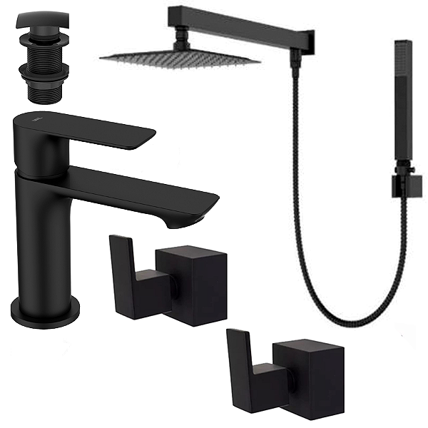 Kit 5 Peças Com Bica Baixa WJ-2875-MK-BL e Chuveiro Com Desviador Black - Jiwi