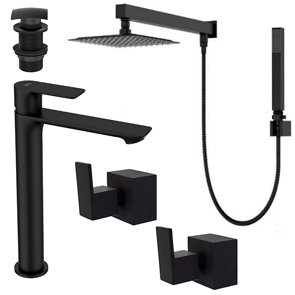 Kit 5 Peças Com Bica Alta WJ-2885-MK-BL e Chuveiro Com Desviador Black - Jiwi
