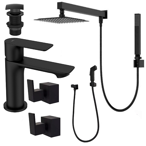 Kit 6 Peças Com Bica Baixa WJ-2875-MK-BL e Chuveiro Com Desviador - Jiwi