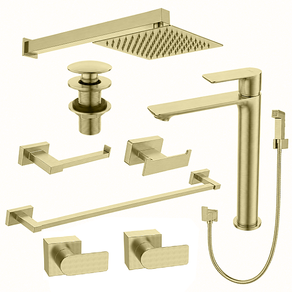 Kit 9 Peças Com Bica Alta Mykonos Gold Escovado - Jiwi by Kitbaco