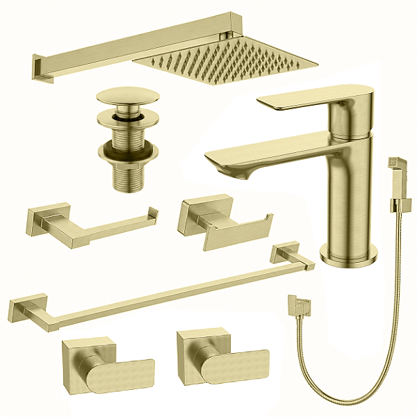 Kit 9 Peças Com Bica Baixa Mykonos Gold Escovado - Jiwi by Kitbaco