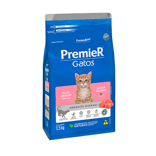 Ração Premier Ambientes Internos Pelos Longos para Gatos Filhotes Sabor Salmão - 1,5kg