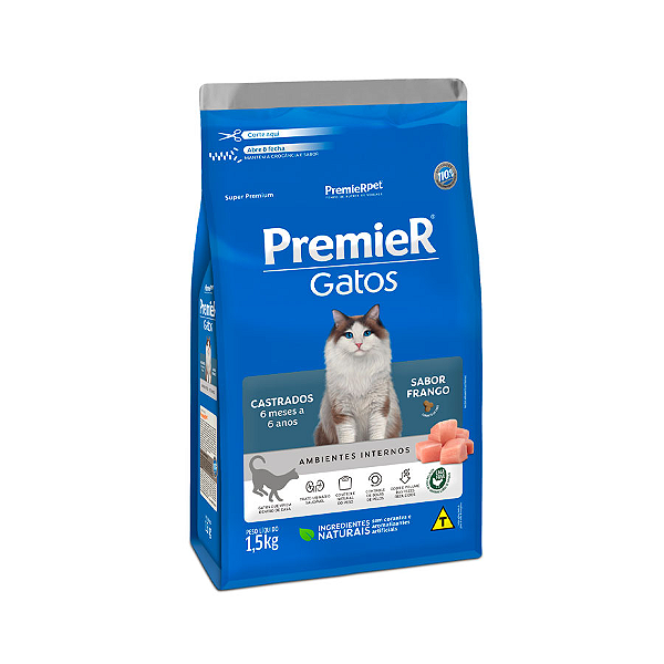 Ração Premier para Gatos Castrados de 6 meses a 6 anos Sabor Frango - 1,5Kg