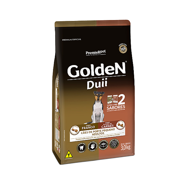 Ração Golden Duii Mini Bits para Cães Adultos de Porte Pequeno Sabor Frango e Seleção de Carnes - 3kg