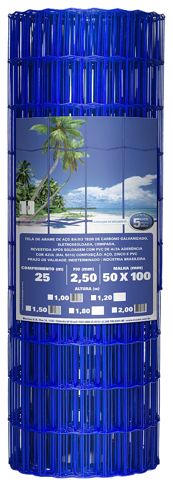 Tela Soldada Revestida Fio 2,5mm - Malha 100X50mm- Rolo de 25m - Azul