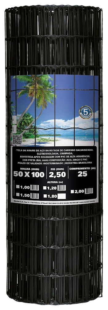 Tela Soldada Revestida Fio 2,5mm - Malha 100X50mm- Rolo de 25m - Preto