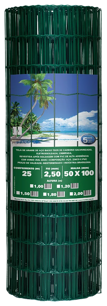 Tela Soldada Revestida Fio 2,5mm - Malha 100X50mm- Rolo de 25m - Revestida Verde