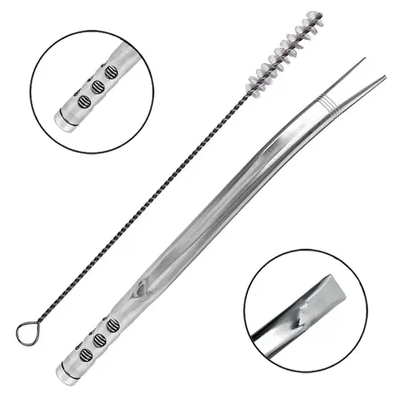 Bomba de Tereré Black Erva Lisa c/ Mola Interna Inox Furo Redondo c/ Limpa Bomba 19cm