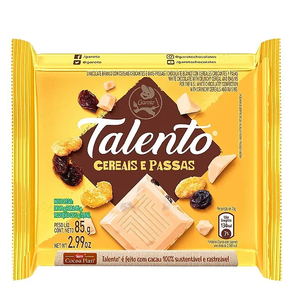 Chocolate Talento  Cereais e Passas  85g