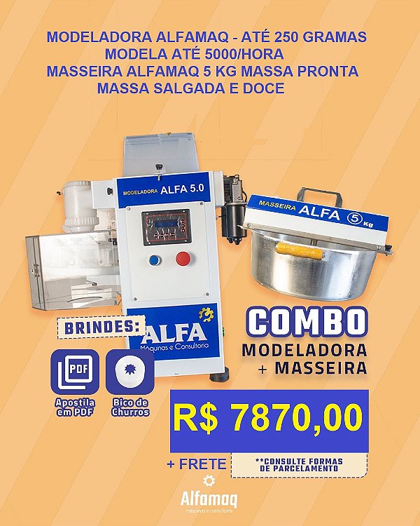 COMBO - Máquina de salgado e doces ALFA - 10 a 250 gramas - até 5000/hora + Masseira 5 kg