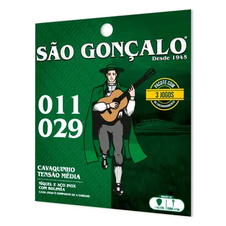 ENCORDOAMENTO SÃO GONÇALO NIQUEL 011 045 JOGO COM 3 PACOTES PARA CAVAQUINHO TENSAO MEDIA