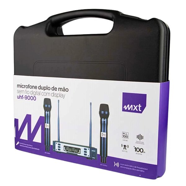 MICROFONE DUPLO SEM FIO PLL 100 CANAIS UHF-9000 MXT