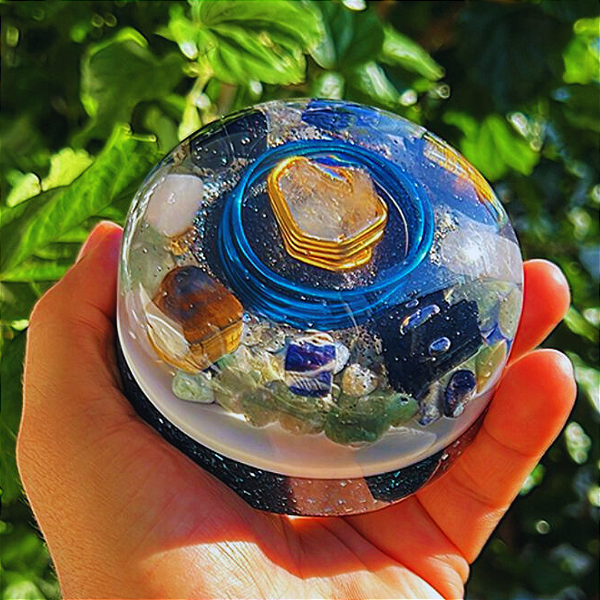 Pronta Entrega - Orgonite Meia Esfera 9.5cm - Azul/Dourada - Modelo Novo